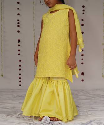 Yellow embroidered georgette sharara set 3