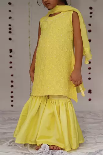 Yellow embroidered georgette sharara set