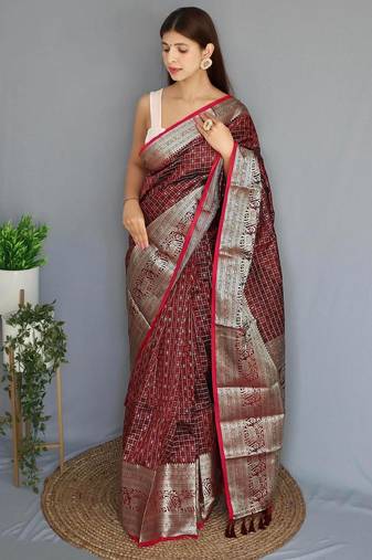 Maroon art silk  woven saree