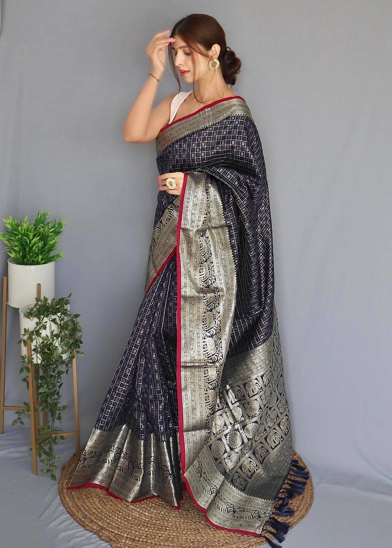 Navy blue art silk  woven saree