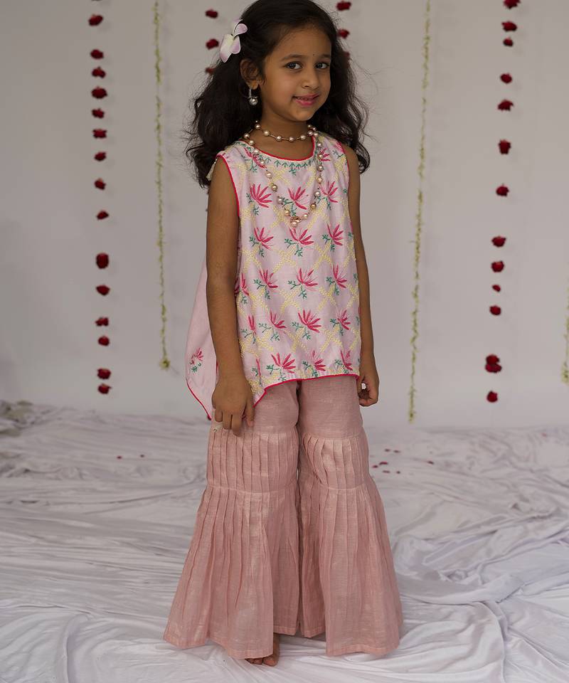 Blush Pink embroidered pure chanderi sharara set