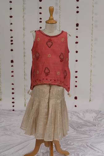 Red embroidered pure chanderi sharara set