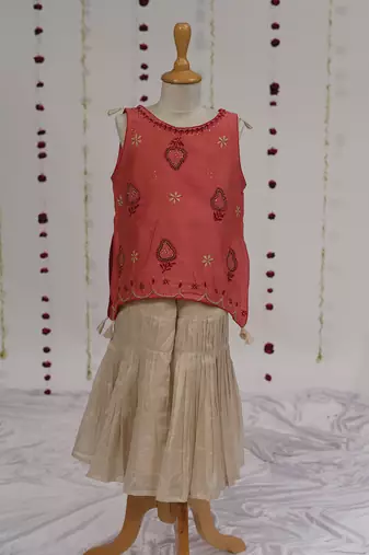 Red embroidered pure chanderi sharara set