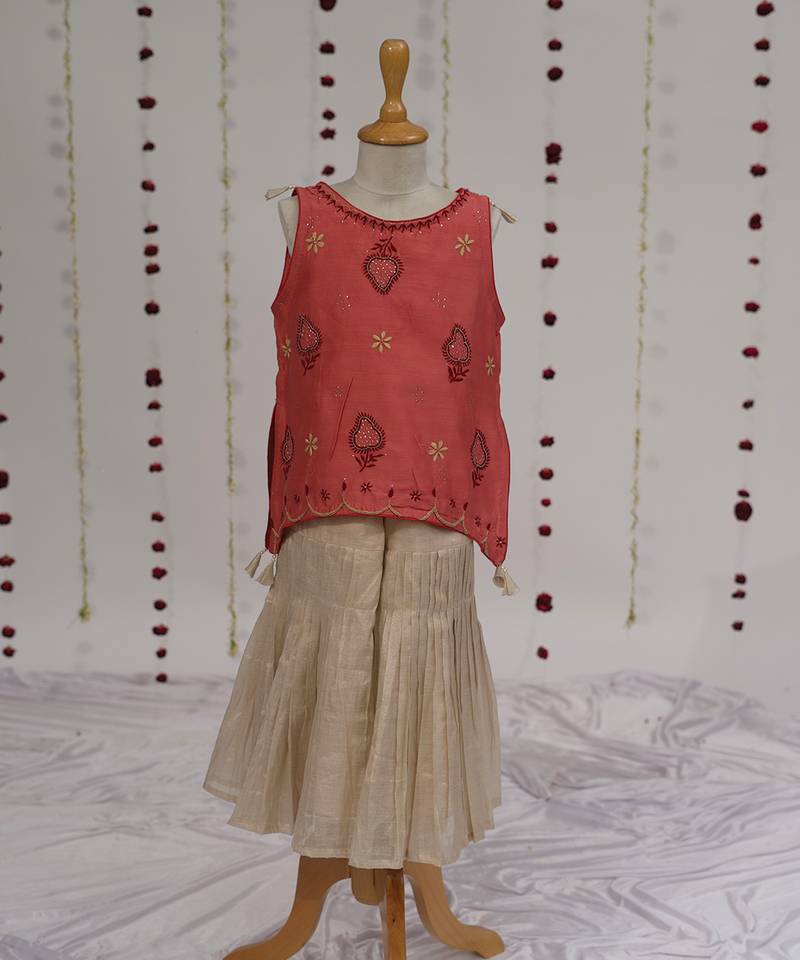 Red embroidered pure chanderi sharara set