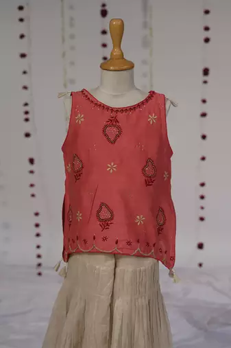 Red embroidered pure chanderi sharara set