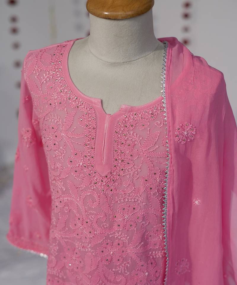 Pink embroidered viscose sharara set