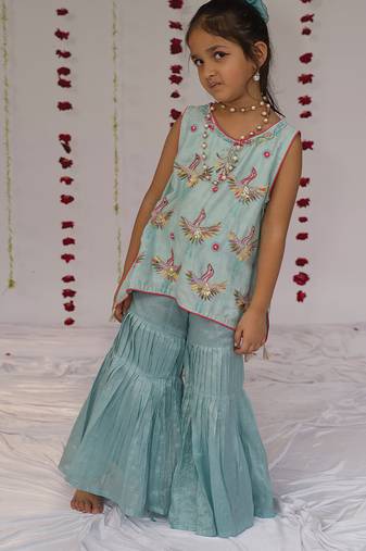 Blue embroidered pure chanderi sharara set