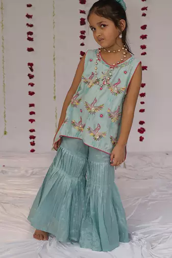 Blue embroidered pure chanderi sharara set