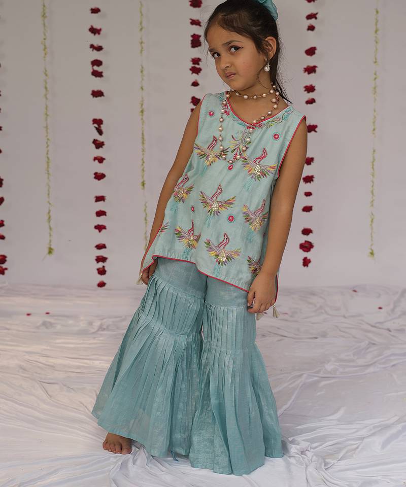 Blue embroidered pure chanderi sharara set