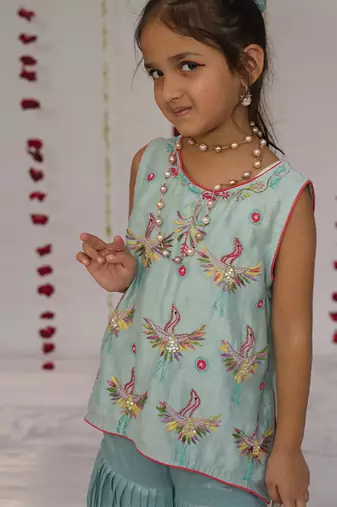 Blue embroidered pure chanderi sharara set