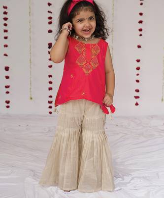 Pink embroidered pure silk sharara set 1
