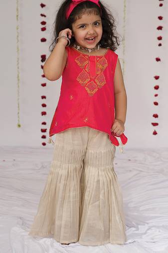 Pink embroidered pure silk sharara set
