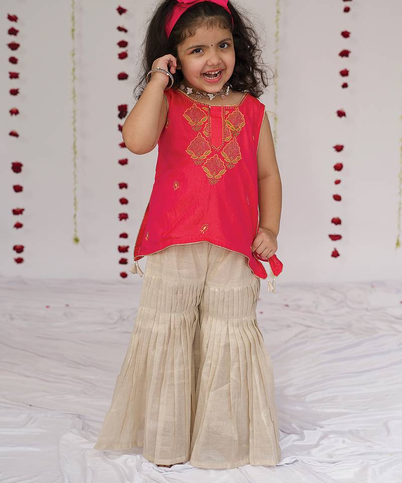 Pink embroidered pure silk sharara set