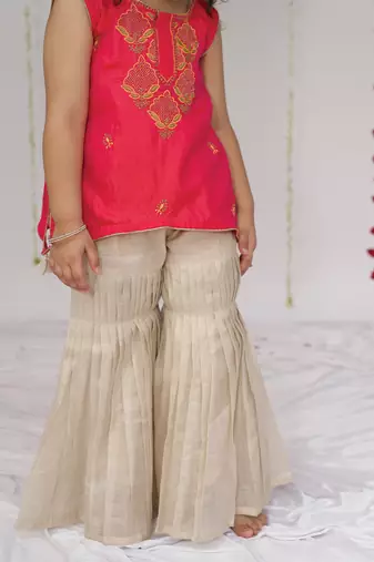 Pink embroidered pure silk sharara set