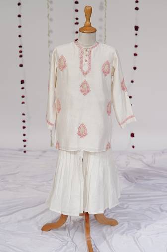 Cream embroidered pure chanderi sharara set