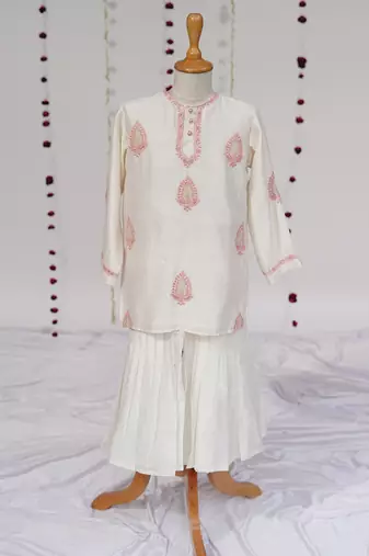 Cream embroidered pure chanderi sharara set