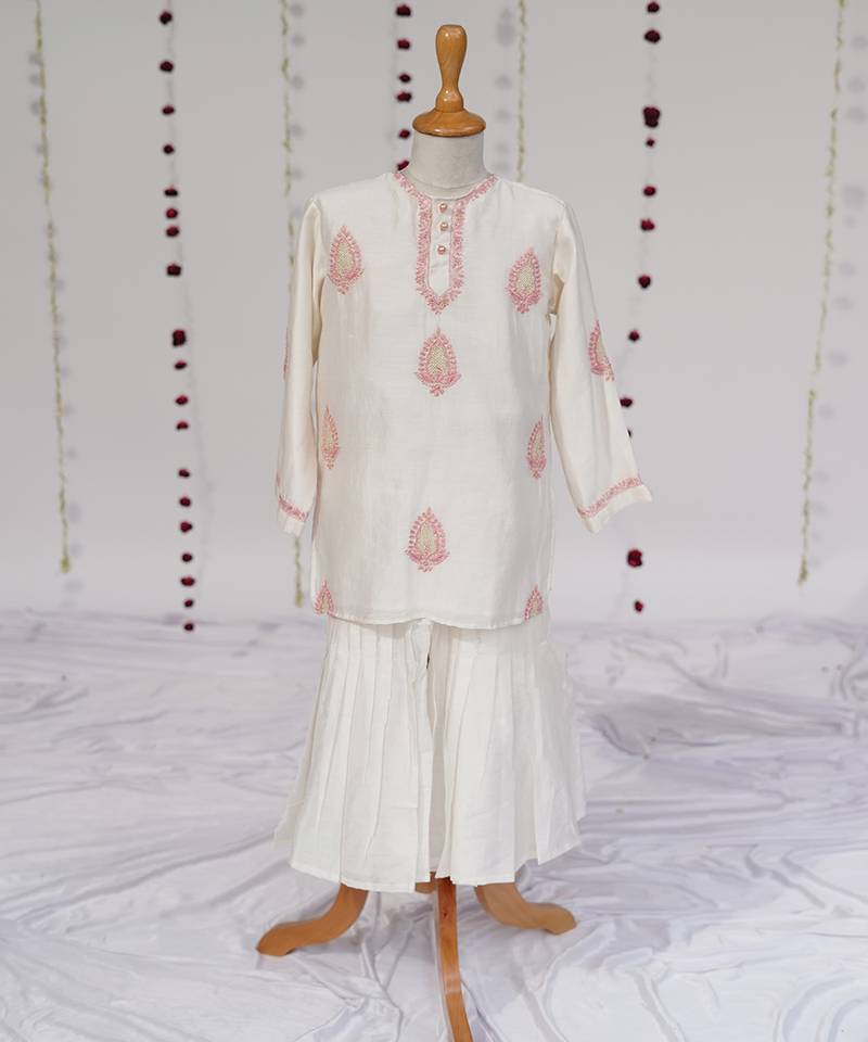 Cream embroidered pure chanderi sharara set
