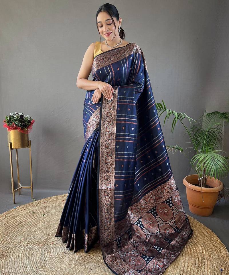 Navy blue art silk  woven saree