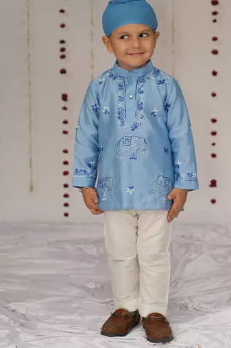 Blue embroidered pure chanderi kurta set