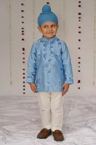 Blue embroidered pure chanderi kurta set