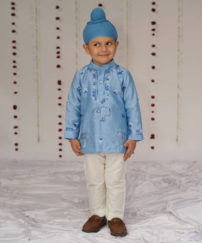 Blue embroidered pure chanderi kurta set