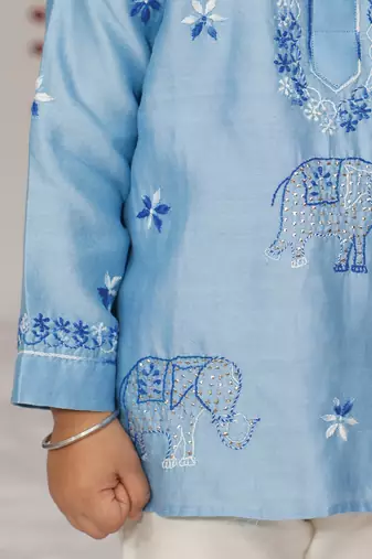 Blue embroidered pure chanderi kurta set