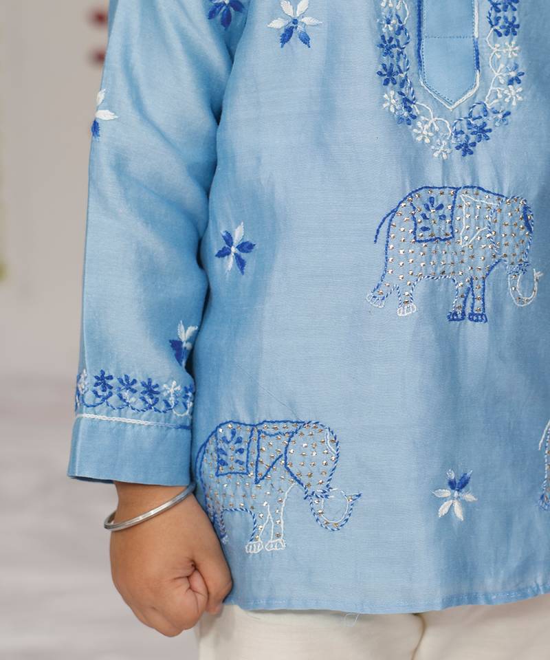 Blue embroidered pure chanderi kurta set