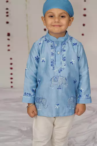 Blue embroidered pure chanderi kurta set