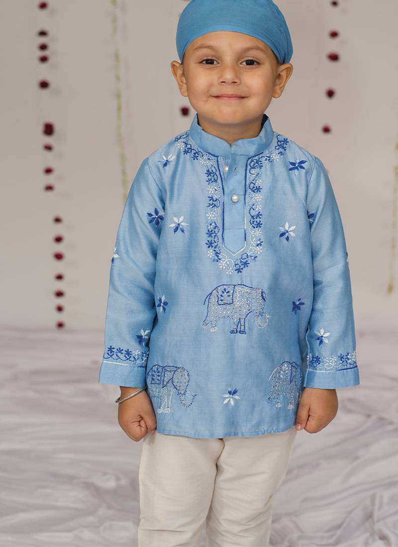 Blue embroidered pure chanderi kurta set