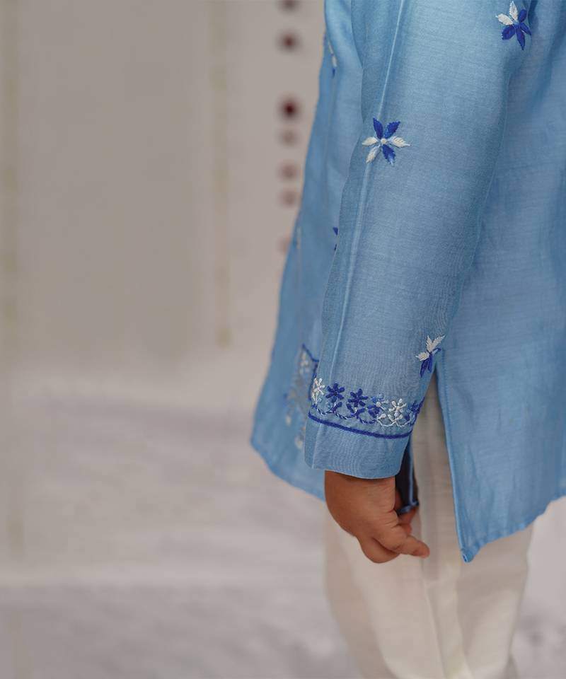 Blue embroidered pure chanderi kurta set