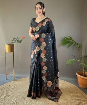 Black art silk  woven saree 1
