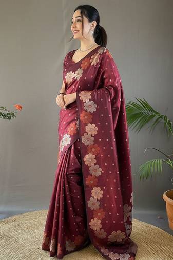 Maroon art silk  woven saree
