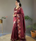 Maroon art silk  woven saree