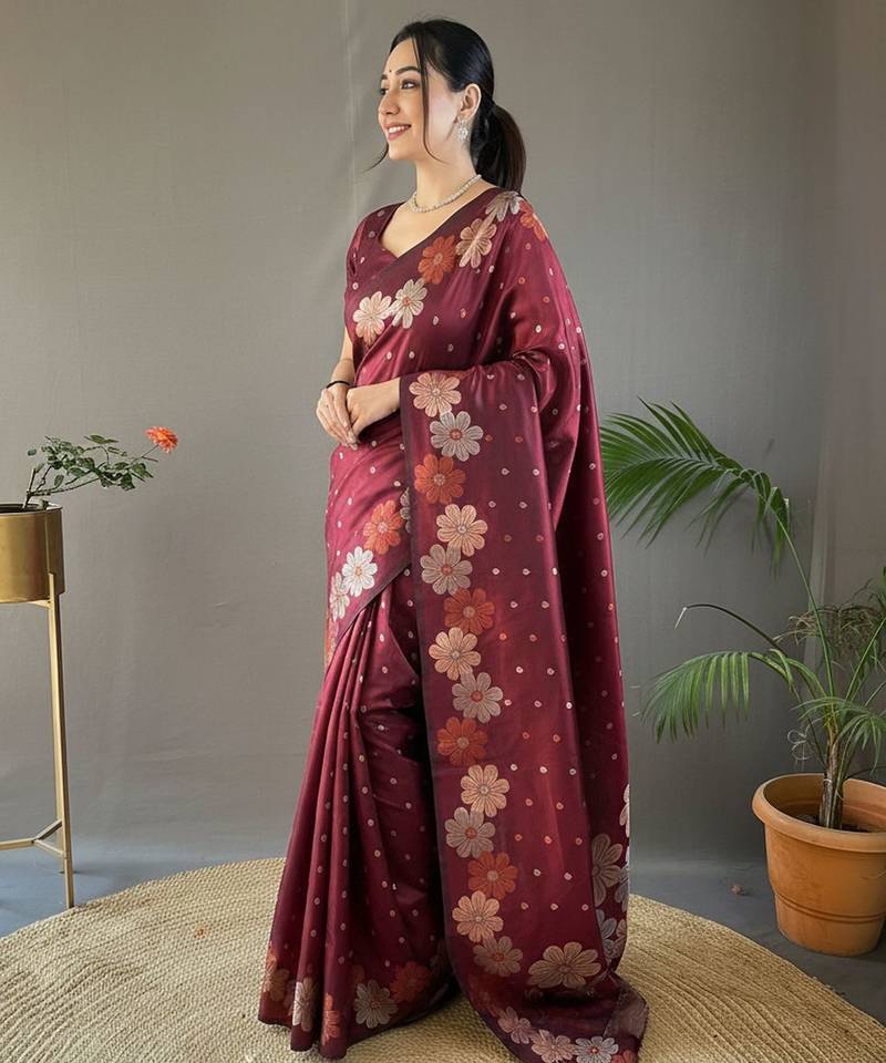 Maroon art silk  woven saree