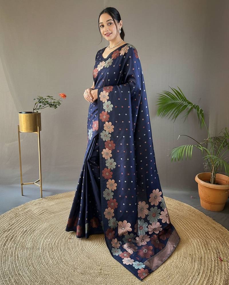 Navy blue art silk  woven saree