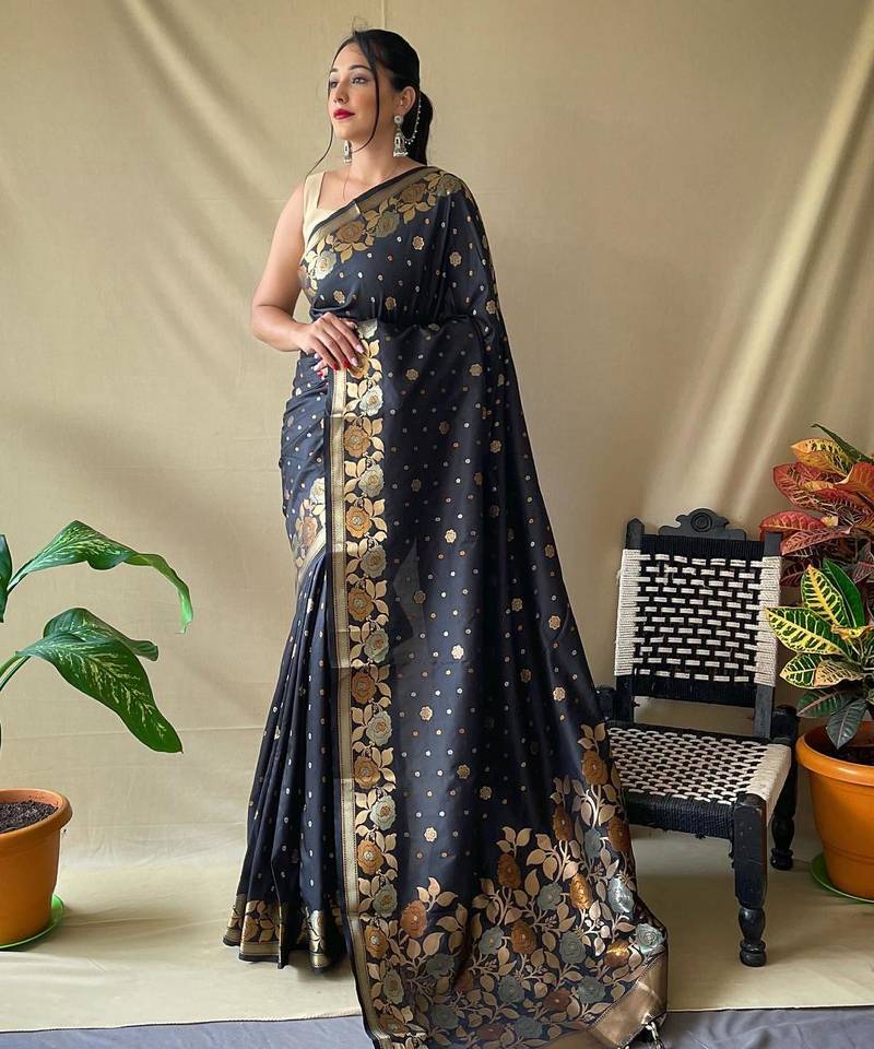 Black art silk  woven saree