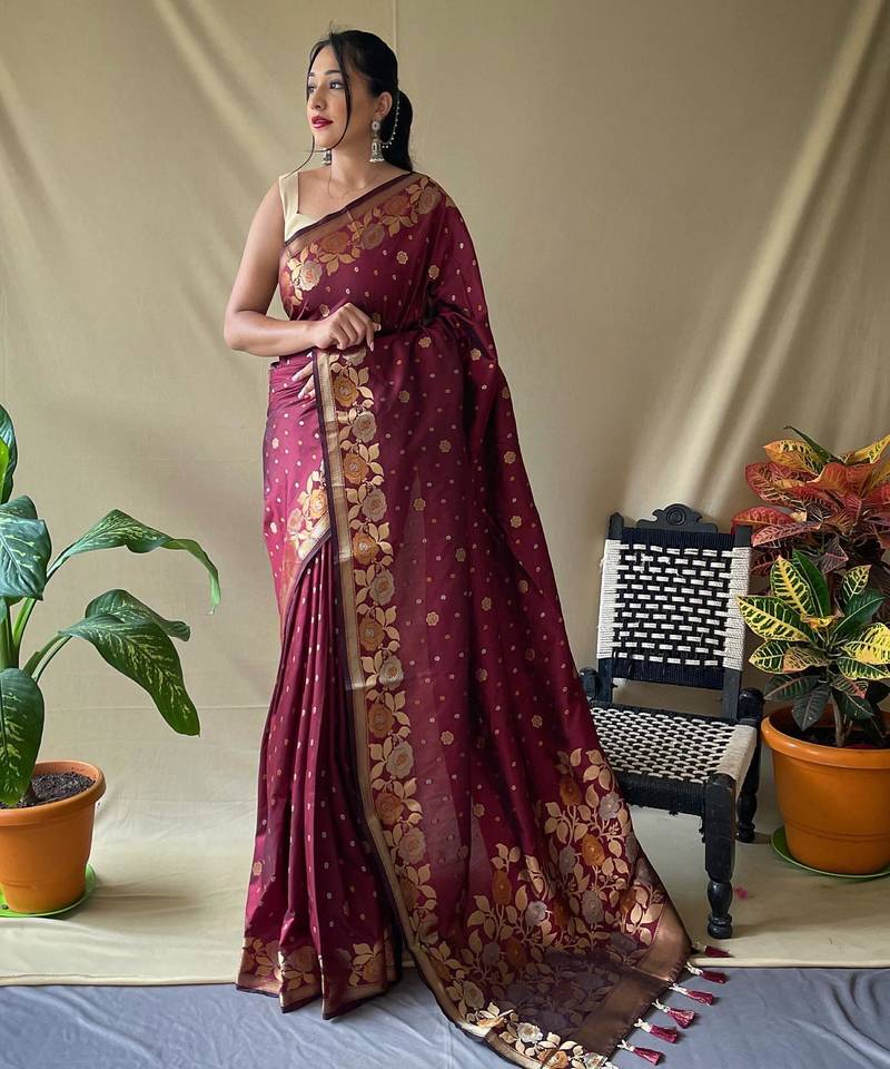 Maroon art silk  woven saree