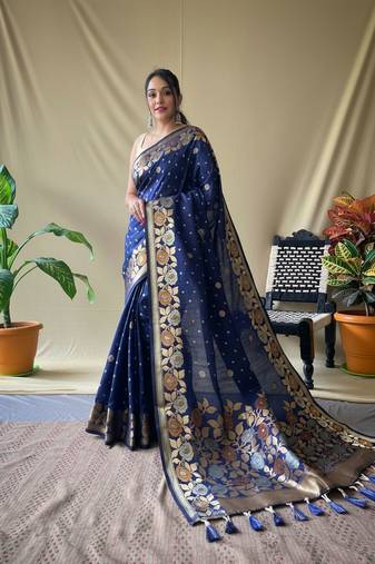 Navy blue art silk  woven saree