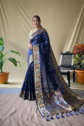 Navy blue art silk  woven saree