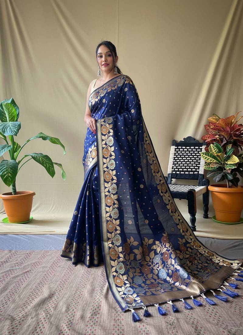 Navy blue art silk  woven saree