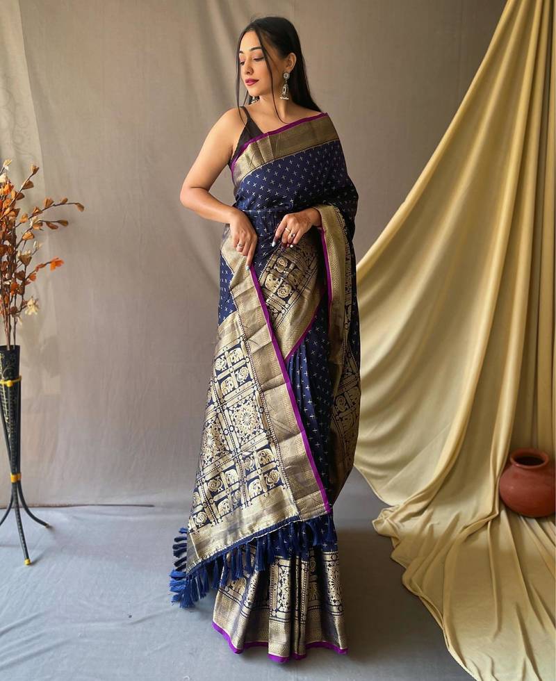 Navy blue art silk  woven saree