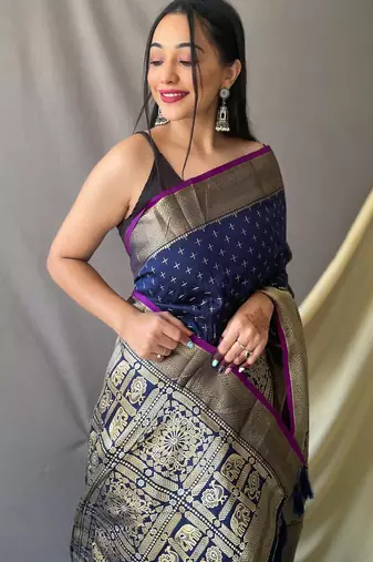 Navy blue art silk  woven saree