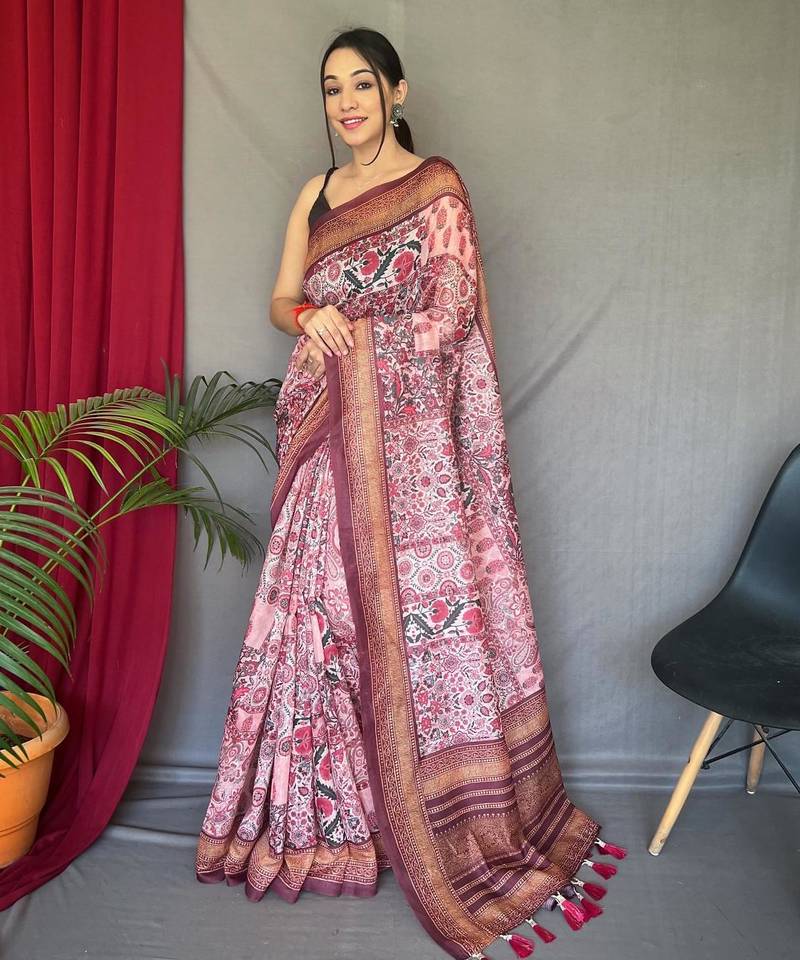 Baby pink art silk  woven saree