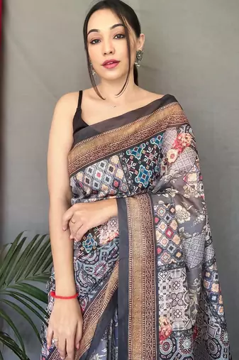 Grey art silk  woven saree