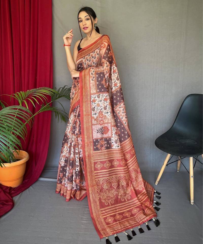 Peach art silk  woven saree