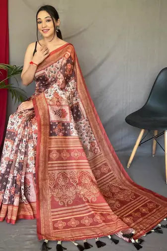 Peach art silk  woven saree