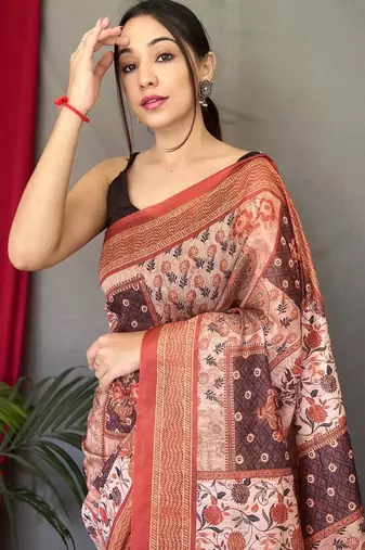 Peach art silk  woven saree