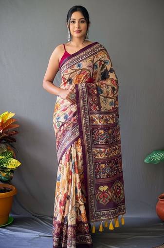 Cream art silk  woven saree