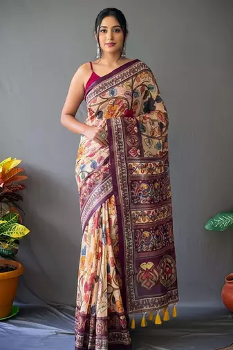 Cream art silk  woven saree