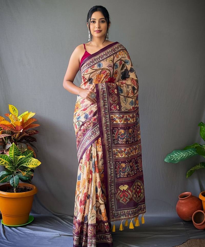 Cream art silk  woven saree